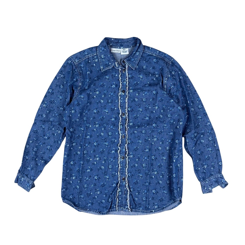 Vintage Cabin Creek Denim Floral Button‎ Up Women's S  Blue Ruffle Cottagecore